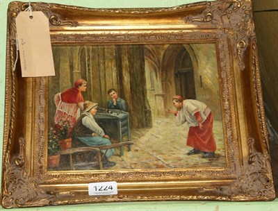 Lot 1224 - Continental School (19th/20th century) Children playing a table game dressed as cardinals, oil...