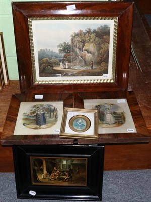 Lot 1228 - A 19th century painted porcelain plaque and four prints