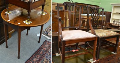 Lot 1270 - A George III crossbanded mahogany circular drop leaf occasional table, together with two occasional