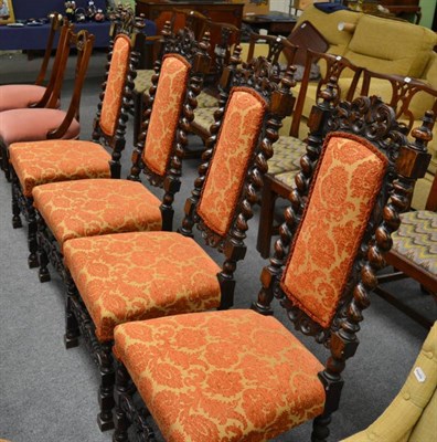 Lot 1328 - A set of four carved mahogany high back chairs with boldly turned uprights and a pair of...