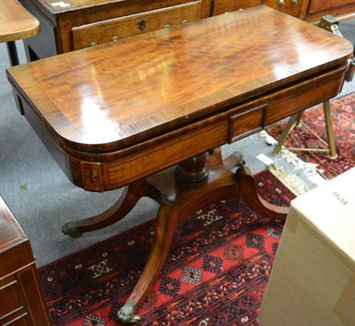 Lot 1333 - A Regency mahogany and satinwood cross banded fold-over tea table