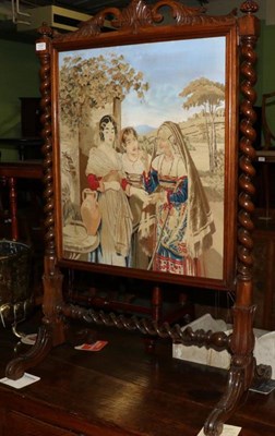 Lot 1337 - A Victorian rosewood framed needle work fire screen with boldly turned uprights and a twin...