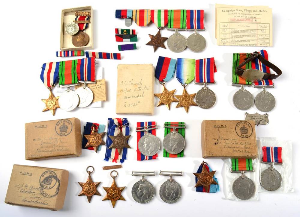 Lot 14 - A Collection of Second World War Part Groups of Medals, some with boxes, various medal ribbons...