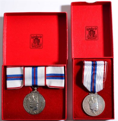 Lot 17 - Two Jubilee Medals, 1977, one with breast ribbon bow, the other with plain ribbon, each in a...