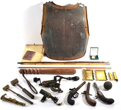 Lot 120 - Assorted Militaria, including three antique pistols (all A/F); a Victorian costume breastplate;...
