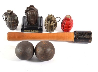 Lot 124 - Three Deactivated Mills Bombs, comprising a 36M example and two others, one as a cutaway desk...