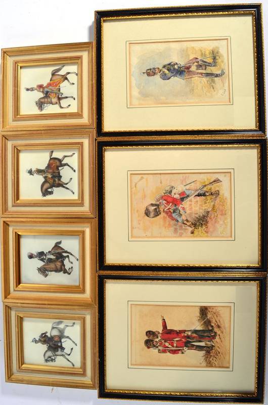 Lot 140 - A Collection of Seven Military Subject Paintings, comprising two watercolours of guardsmen by...