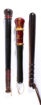 Lot 165 - An Early 19th Century Painted Wood Truncheon, the top as a simulated crown, ring-turned handle,...