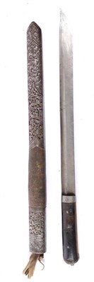 Lot 345 - A Late 19th Century Tibetan Ceremonial Knife, the 33cm straight blade with a deep narrow fuller...