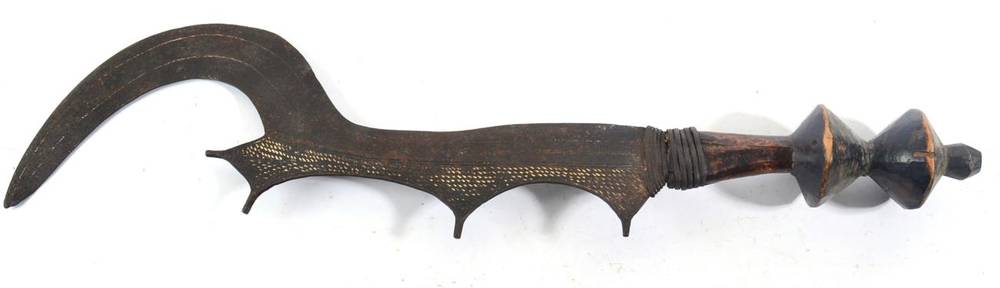 Lot 346 - An African Congo Ngombe Executioner's Sword, the 46cm single edge sickle shape steel blade with...