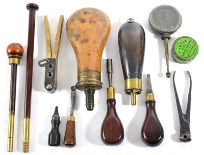 Lot 378 - A Collection of Pistol Accessories, comprising two copper powder flasks, three turn-screws, a...