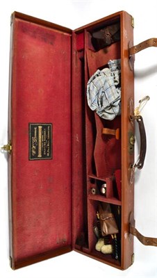 Lot 384 - An Early 20th Century Brass-Mounted, Brown Leather-Covered, 12 Bore Shotgun Case, the lid underside