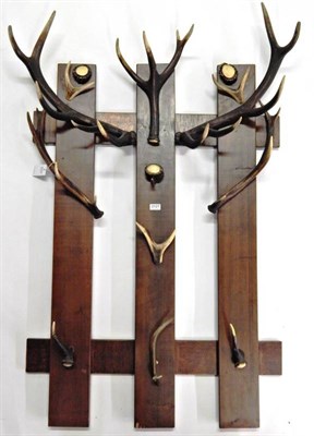 Lot 2127 - Antler Furniture: A Coat and Hat Rack, A Red Deer Antler Mounted coat and hat rack, modern, the...