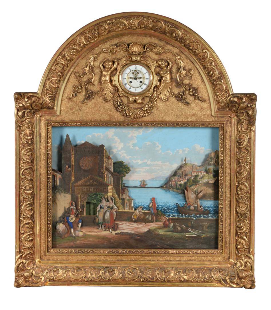 Lot 889 - A Large Gilt Framed Automata Clock Picture, early 20th century, arched gilt wooden frame with...
