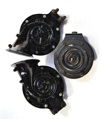 Lot 1085 - Two Lucas Wind Tone Black Metal Painted Car Horns; and A 12volt High Tone Car Horn (3)
