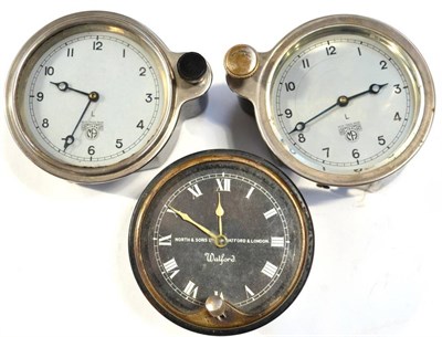 Lot 1086 - Three Chromed Metal 3inch Car Dashboard Clocks, comprising two Smiths examples and a Watford...