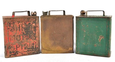 Lot 1098 - Three Vintage Petrol Fuel Cans, comprising a red painted Shell Motor Spirit example, a green...