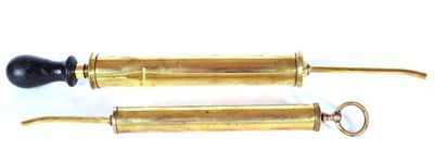 Lot 1129 - Two Vintage Brass Oil Lubricating Syringes, the larger example with ebonised handle, 41cm long; and