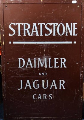 Lot 1175 - A STRATSTONE Brown Enamel Metal Advertising Sign, for DAIMLER and JAGUAR CARS, with six drill...