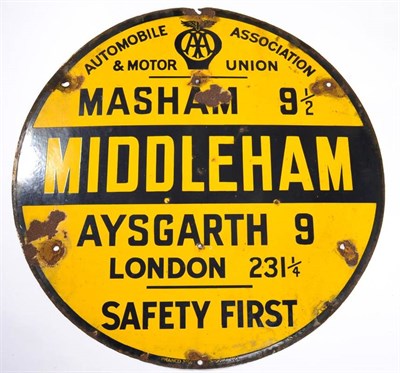 Lot 1187 - A Single-Sided Enamel Circular AA Sign, Middleham, Masham 9½, Aysgarth 9, London 231¼ Safety...