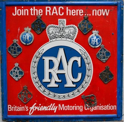 Lot 1188 - An RAC Red and Blue Painted Single-Sided Advertising Board, Join the RAC Here …. Now,...