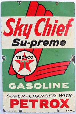 Lot 1195 - A Rare American Single-Sided Enamel Advertising Sign: SKY CHIEF SU-PREME TEXACO GASOLINE...