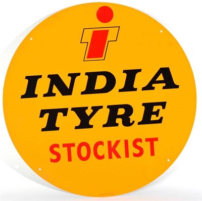 Lot 1206 - A Single-Sided Circular Metal Advertising Sign: INDIA TYRE STOCKIST, with four drill holes, the...