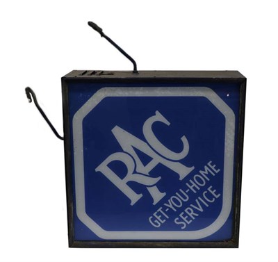 Lot 1215 - An RAC Glazed Double-Sided Suspended Advertising Sign, RAC GET-YOU-HOME SERVICE, in a blue...