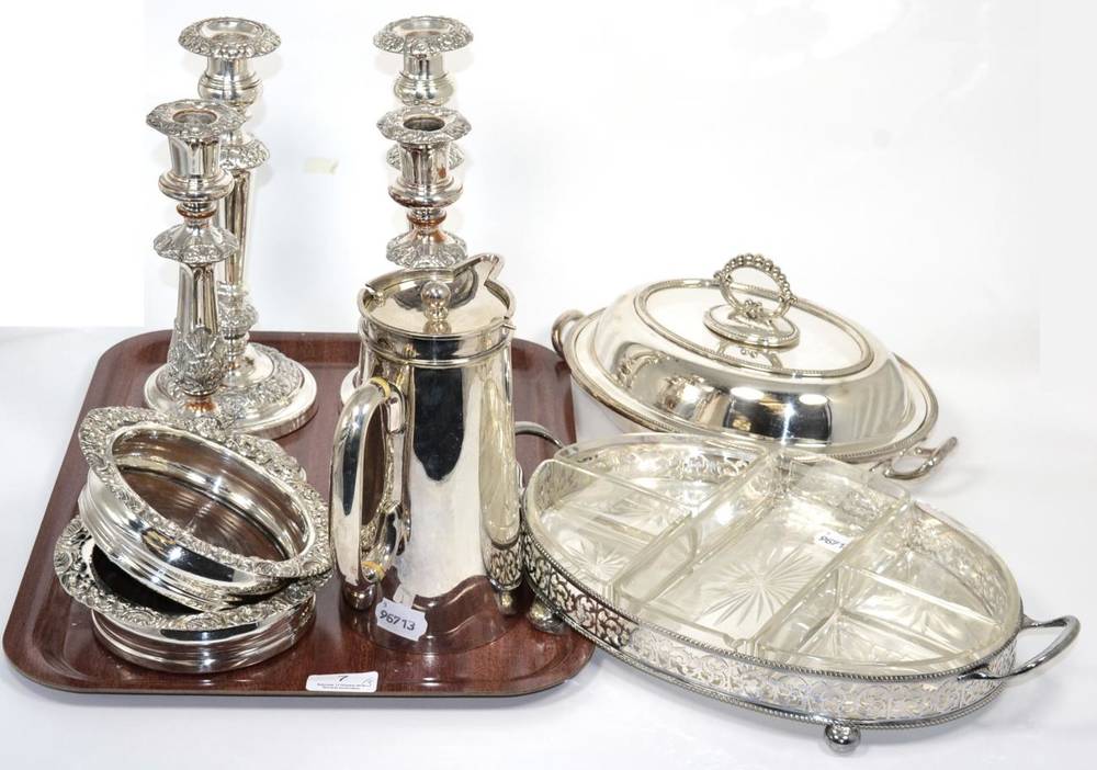 Lot 7 - A group of Old Sheffield plate and electroplated items to include two pairs of candlesticks;...
