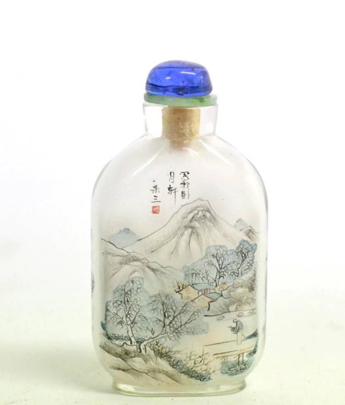 Lot 75 - A Chinese Inside Painted Glass Snuff Bottle and Stopper, 20th century, painted with a scholar...