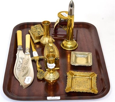 Lot 37 - A Trench Art table lighter; with assorted metalwares and a set of postal scales (12)
