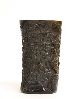Lot 77 - A Chinese Carved Bovine Horn Libation Cup, carved with figures amongst pine and bamboo, bears...