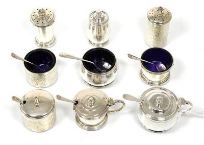 Lot 55 - Three silver three piece condiment sets, various makers, 1947-87, including one set with Celtic...