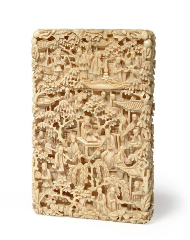 Lot 80 - A Cantonese Ivory Card Case, mid 19th century, of rectangular form carved with figures amongst...