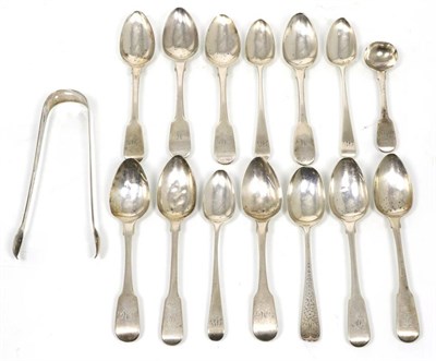 Lot 56 - Thirteen Georgian silver teaspoons and a pair of sugar tongs