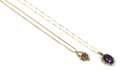Lot 70 - An amethyst and diamond necklace, an oval cabochon mixed cut amethyst within a diamond set...