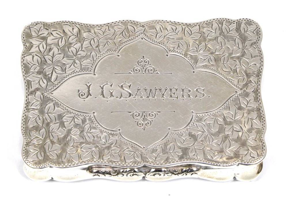Lot 74 - A George V silver snuff box, Joseph Gloster, Birmingham 1910, with foliate engraving, inscribed...