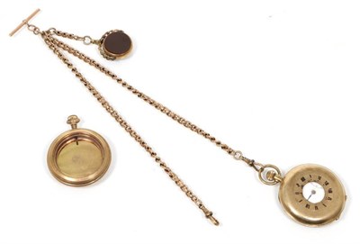 Lot 79 - A demi hunter pocket watch on a 9 carat gold Albert, with hardstone swivel fob, and a watch case