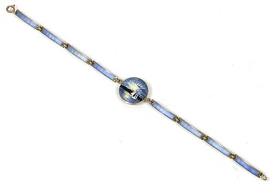 Lot 86 - A Norwegian enamel bracelet, by Kristian M. Hestenes, a central blue guilloche enamel disc link...