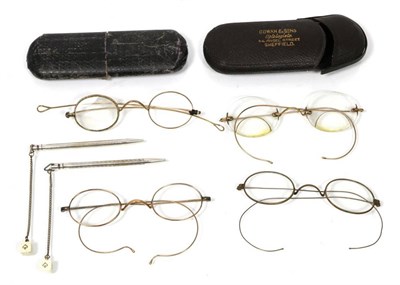 Lot 88 - Three pairs of gold coloured metal framed spectacles, one pair stamped with makers mark RG to...