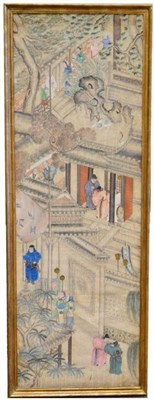 Lot 96 - A Chinese Watercolour, 19th century, depicting courtly figures in buildings and amongst trees,...