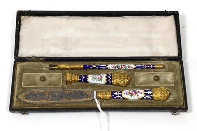 Lot 100 - A continental gilt metal and enamel writing or desk set, probably French, 2nd half 19th...