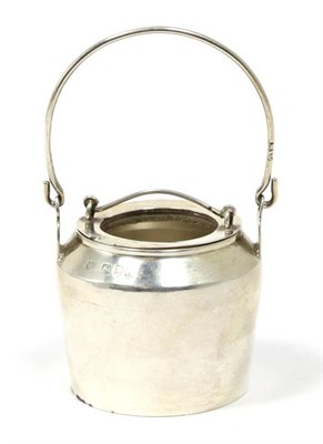 Lot 107 - A Victorian silver miniature pail in the form of a glue pot, Rupert Favell, London 1892, with glass
