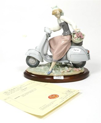 Lot 122 - Lladro china figure, Girl with Motor Scooter, No.5143, with wood base