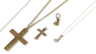 Lot 152 - A 9 carat gold cross pendant (engraved), on a 9 carat gold belcher chain, a small 9 carat gold...