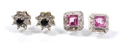 Lot 156 - A pair of pink sapphire and diamond stud earrings, square cut pink sapphire within a diamond...