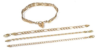 Lot 169 - A 9 carat gold gate link bracelet and three other 9 carat gold bracelet, 17.8g gross (4)