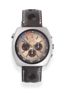 Lot 151 - A Stainless Steel Chronograph Wristwatch, signed Bucherer, circa 1975, lever movement, silvered...