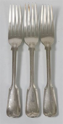 Lot 177 - Three Victorian silver fiddle and thread pattern table forks, Chawner & Co, London 1844 and...