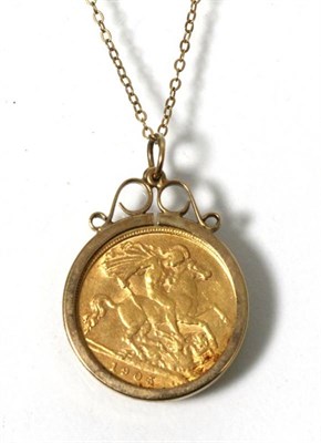 Lot 182 - An Edward VII 1905 half sovereign, loose mount in a frame as a pendant, on chain, 6.6g gross